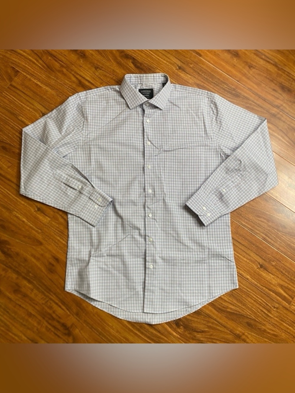 Nordstrom Men's Light Blue Plaid Trim Collared Non Iron Button Shirt Size 16.5